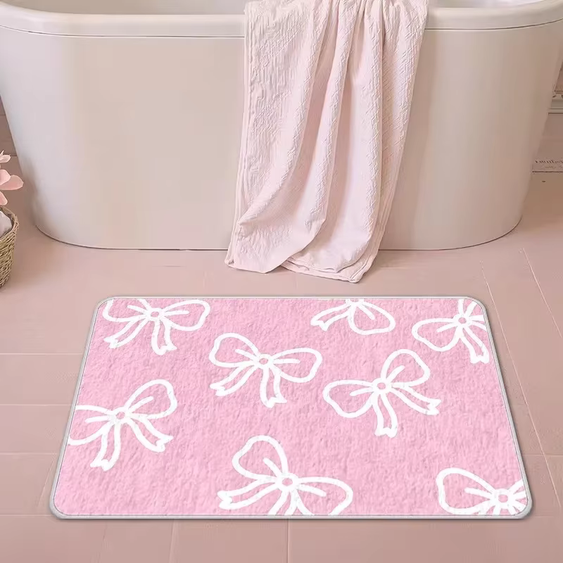 Tapis de bain rose avec nœud papillon VIKAMA, tapis de salle de bain doux et antidérapant, tapis de