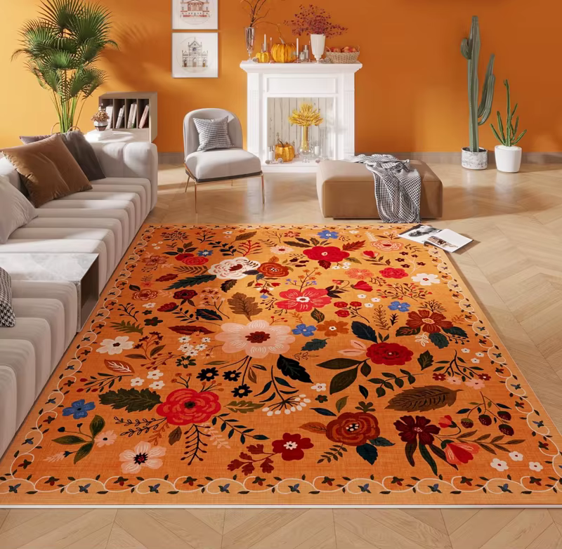 Tapis floral bohème vintage, tapis de salon botanique rétro, antidérapant, lavable, grand tapis de s
