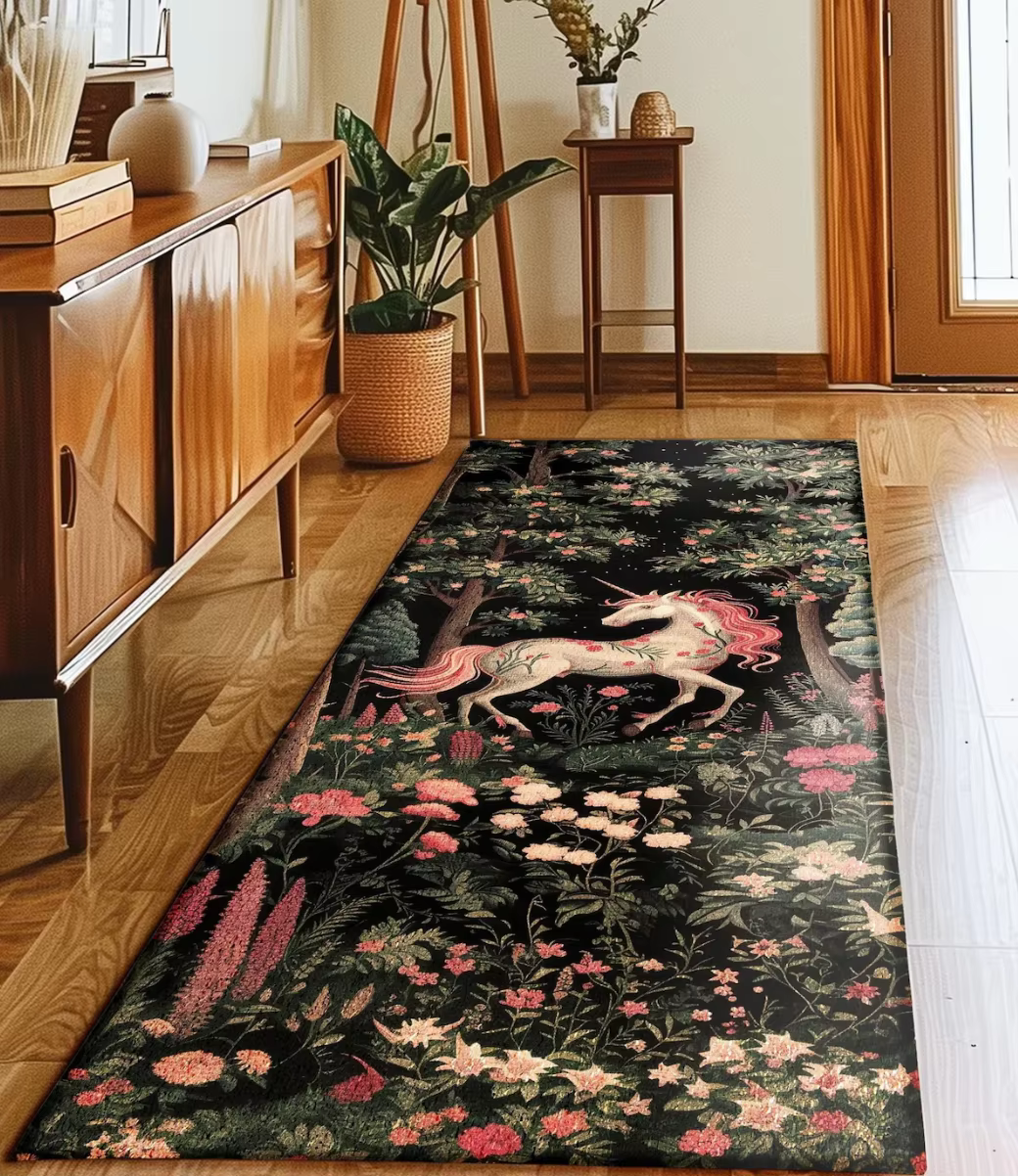 Tapis Long licorne forêt enchantée, tapis de chemin mystique, vert foncé, or, rétro, antidérapant, D