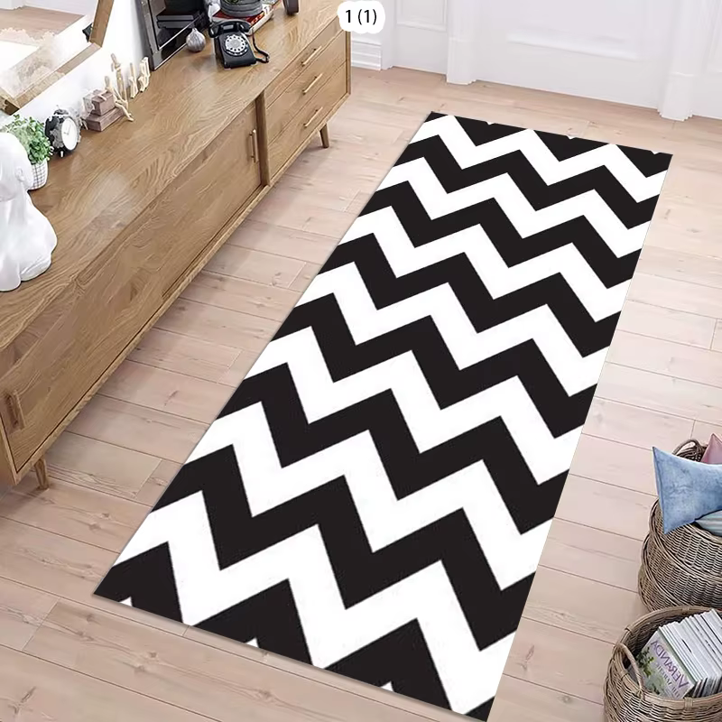 Tapis de couloir à motif chevrons noir et blanc, design géométrique en zigzag, tapis de sol moderne,