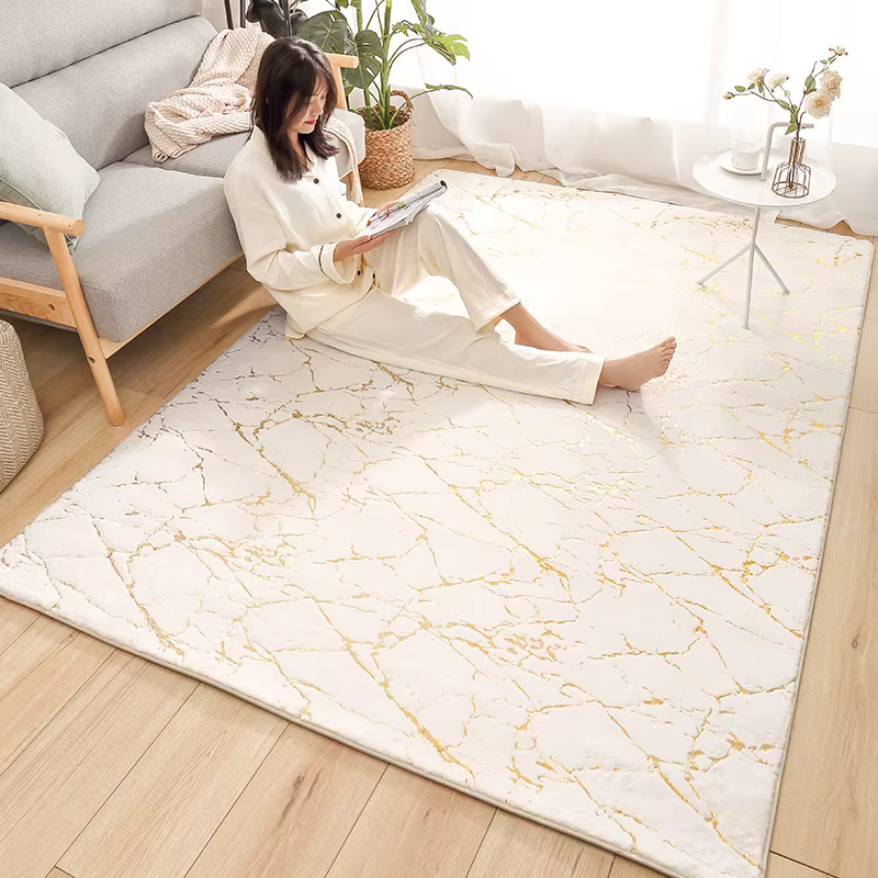 Grand tapis en poils artificiels de lapin pour salon, moderne, en marbre doré, doux et moelleux, bla