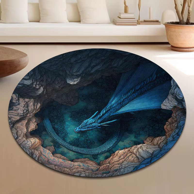 Tapis rond Fantasy Blue Dragon avec imprimé scène de grotte pour thèmes de chambre magiques et mythi
