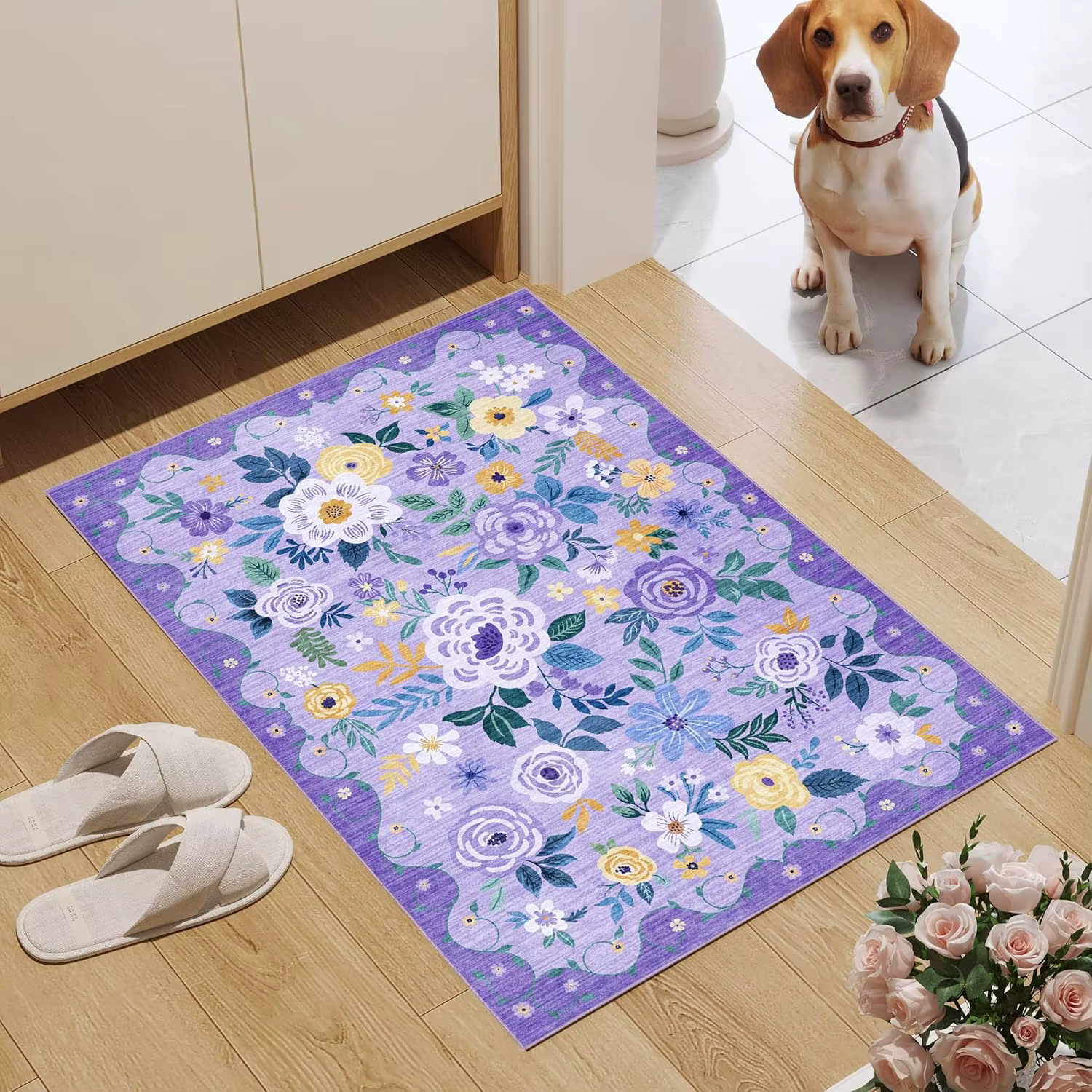 Tapis Bohème Floral Violet pour Salon, Tapis à Poils Courts en Velours Cristal Lavable Antidérapant,
