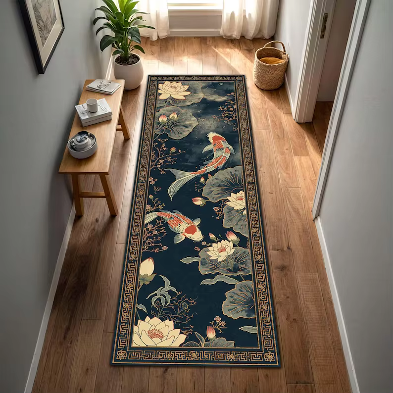 Tapis de sol antidérapant style zen avec motif de poisson Koi traditionnel et fleur de lotus, décora