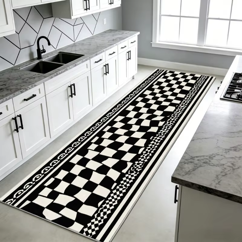 Tapis de cuisine antidérapant résistant à l'usure, motif géométrique noir et blanc, long tapis de so