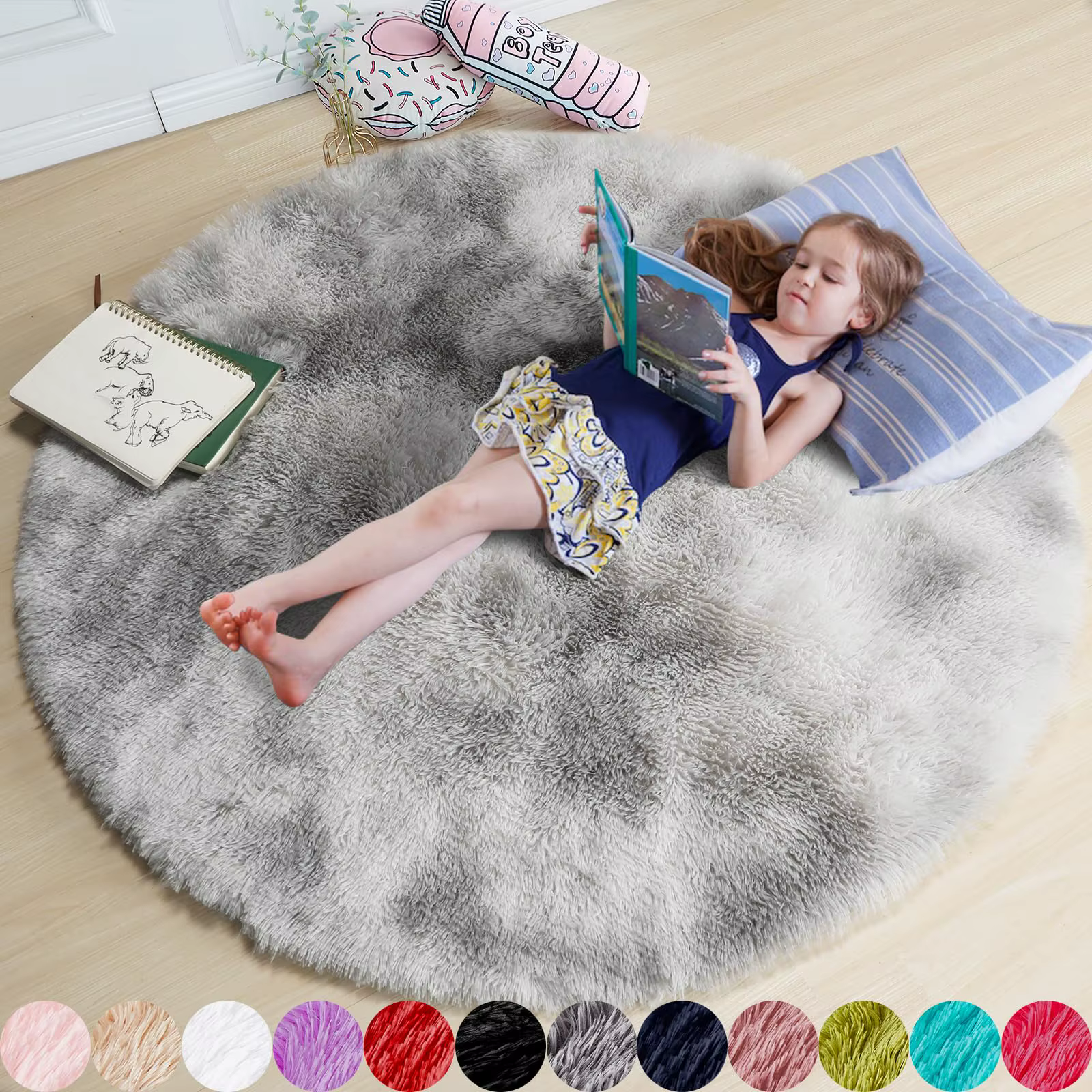 Vikama arc-en-ciel moelleux tapis rond pour filles chambre décor à la maison coloré Pastel Shag cerc