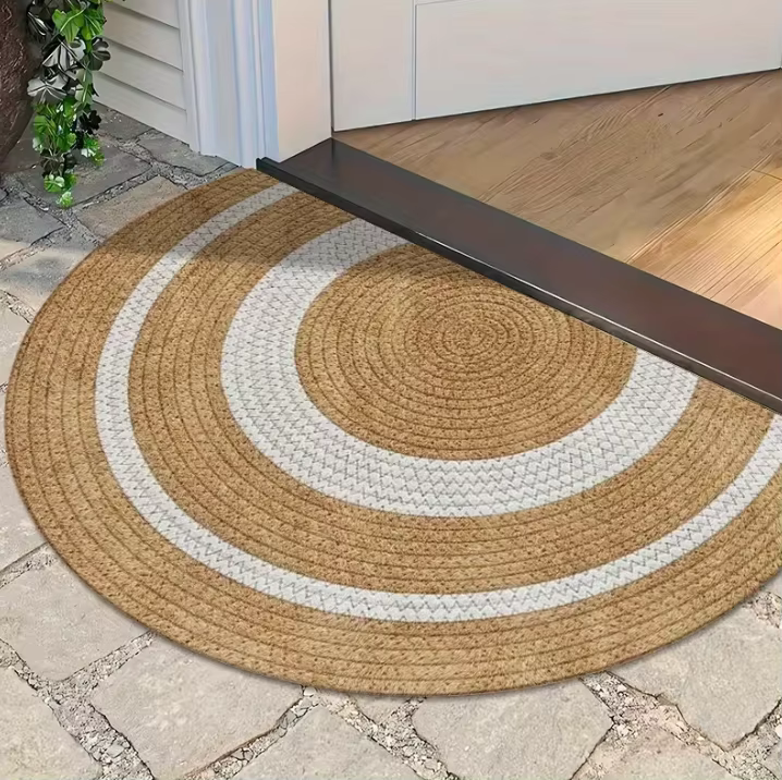 Tapis de sol élégant blanc et marron en spirale, tapis antidérapant semi-circulaire, facile à nettoy