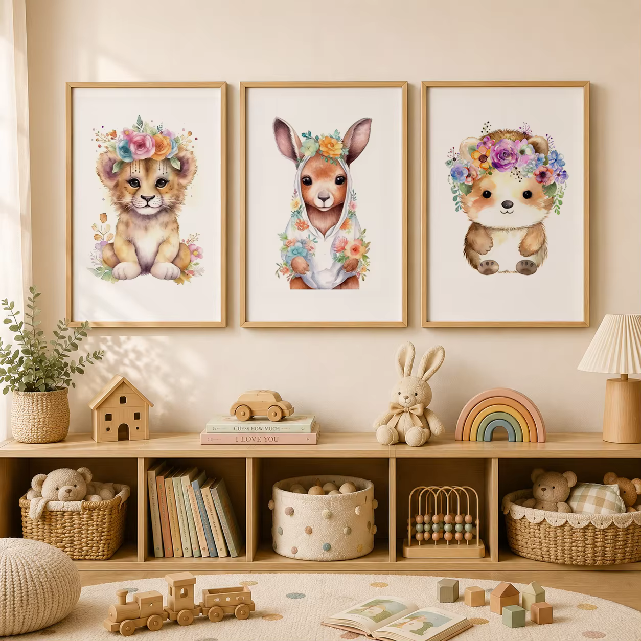 Décoration murale animale pour chambre d'enfant, peinture sur toile mignonne avec fleurs, lion, ours, renard, affiches et impressions de couronnes végétales pour la décoration de chambre de bébé et d'