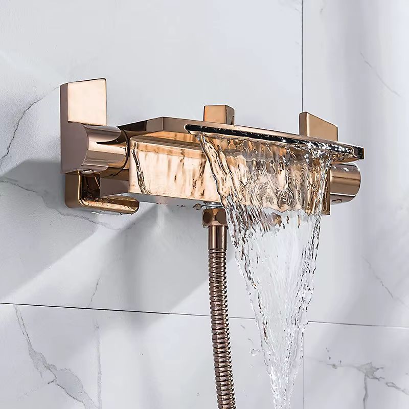 Tuqiu Rose Gold Bathtub Shower Faucet Set Brass Bathtub Faucet Hot & Cold Taps Mixer With Handheld Waterfall Bathtub Tap Black