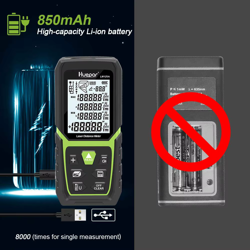 Télémètre laser 330Ft/100M(165Ft/50M 390Ft/120M), mesure laser LCD rétro-éclairé M/In/Ft avec batterie Li-ion et capteur d'angle électrique