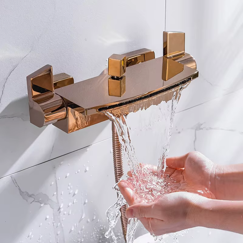 Tuqiu Rose Gold Bathtub Shower Faucet Set Brass Bathtub Faucet Hot & Cold Taps Mixer With Handheld Waterfall Bathtub Tap Black