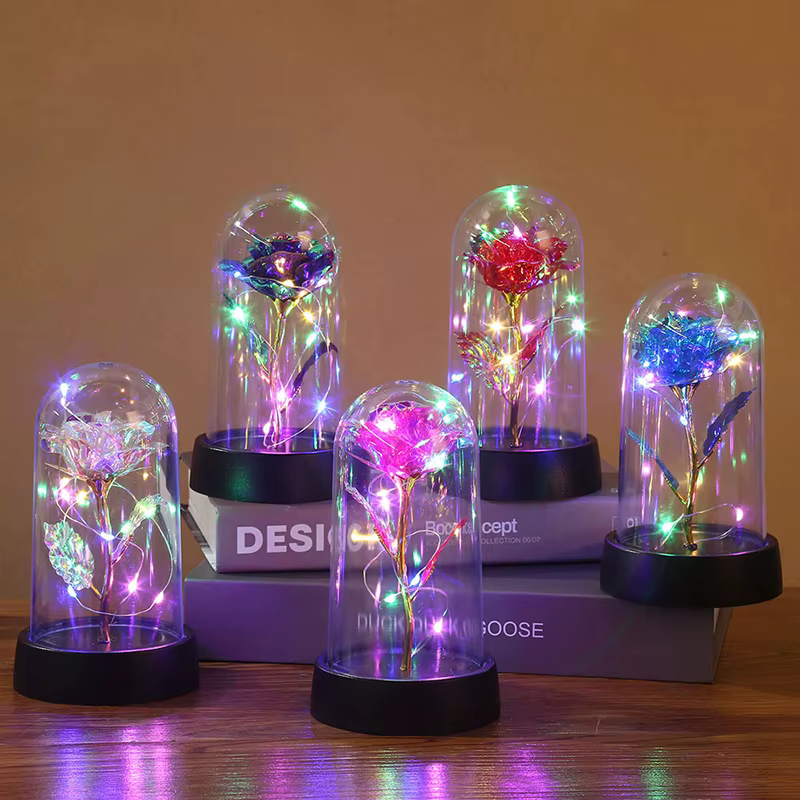Fleur artificielle en verre avec lumière LED pour femme, la belle et la bête, la galAct et la rose, cadeaux d'anniversaire pour filles, aide les ordures