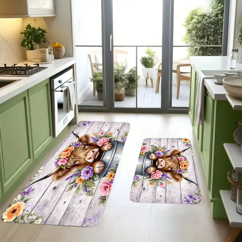 Tapis long de cuisine à motif vache floral