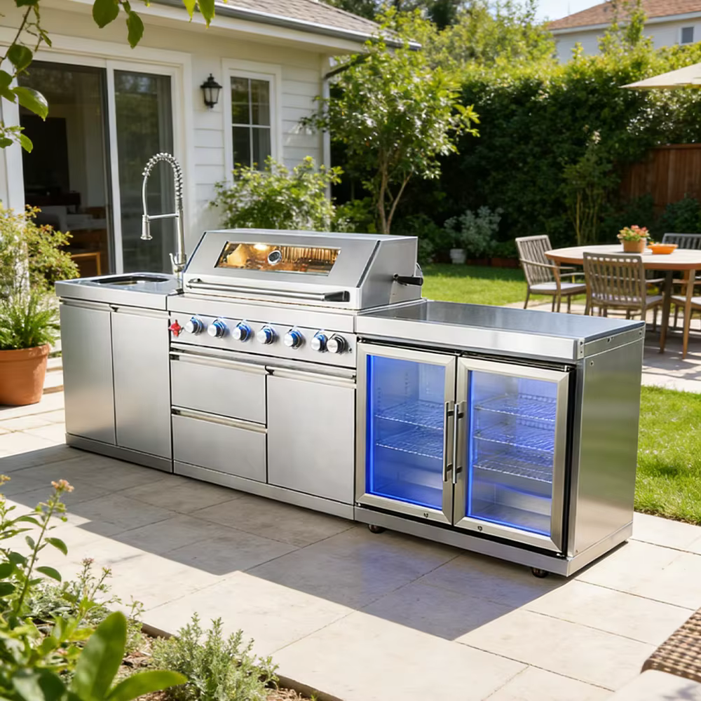 Kit de cuisine extérieure compact FOODLINE avec évier et armoire réfrigérateur pour terrasse et patio