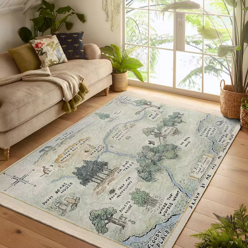 Tapis vintage Winnie l'ourson avec motif de la carte de Hundred Acre Wood