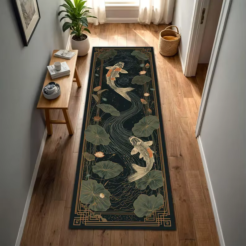 Tapis de sol abstrait géométrique tortue de mer et poisson koi pour couloir
