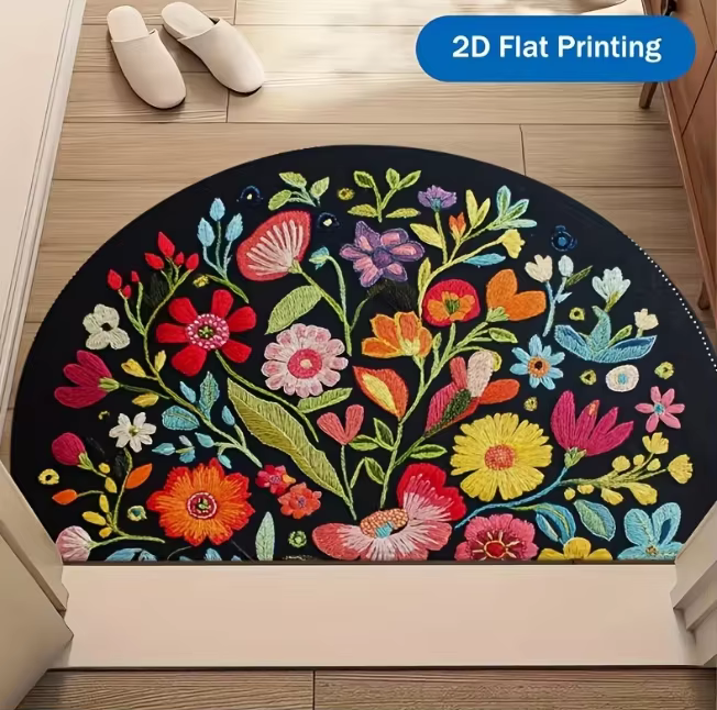 Tapis de porte à motif tournesol sur fond noir plat 2D avec design semi-circulaire
