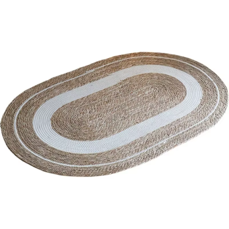 Tapis ovale en jute tressé, style bohème naturel, avec rayures blanches, lavable et antidérapant, pour salon et chambre.