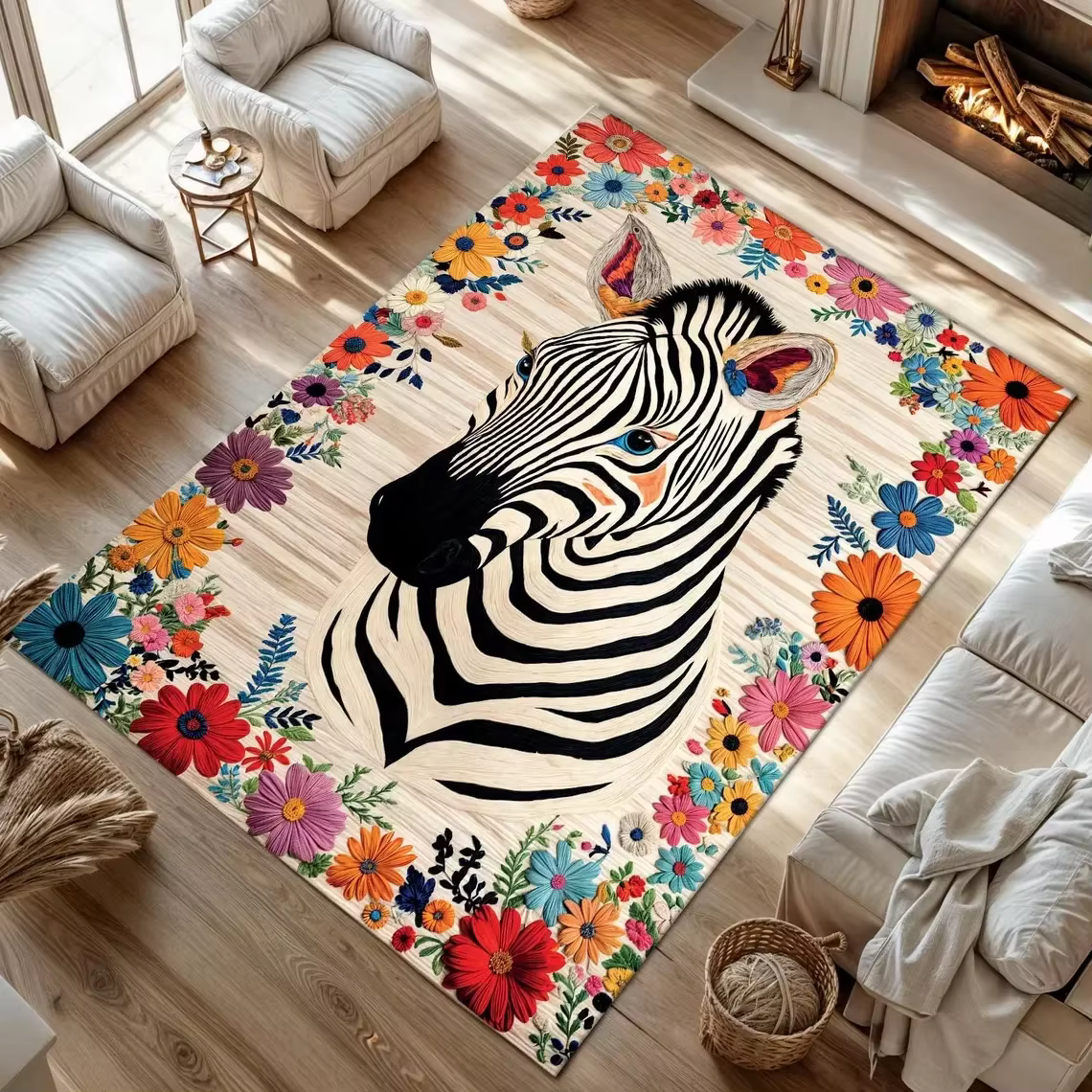 Tapis à motifs floraux et abeilles pour la maison