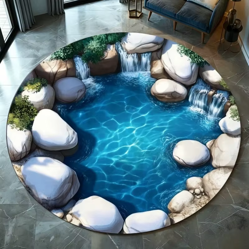 Tapis rond imprimé source thermale eau claire