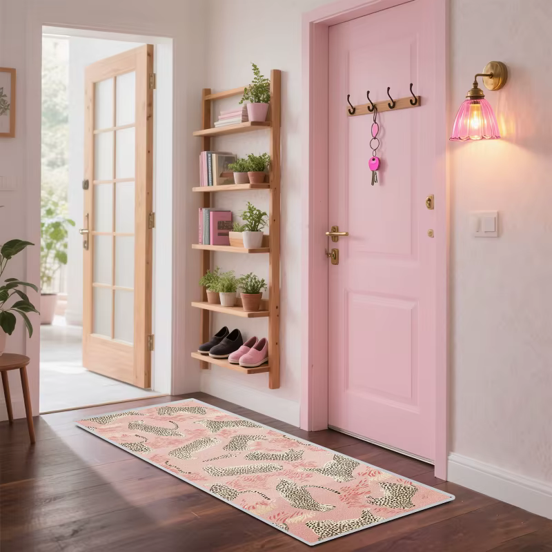VIKAMA Tapis de couloir rose à imprimé léopard