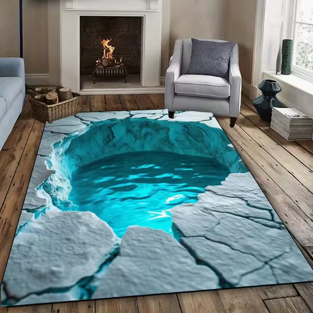 Tapis de sol 3D effet fissures pour salon ou bureau – Décoration moderne unique qui ajoute de la profondeur à votre