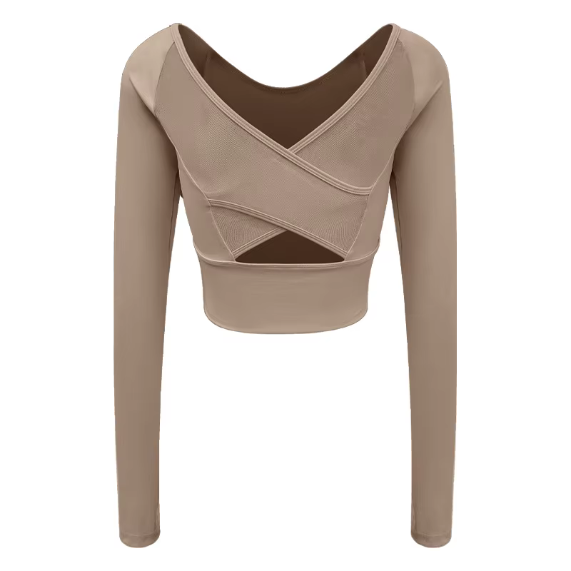 Haut de sport à manches longues pour femme, effet seconde peau, avec soutien-gorge intégré et design croisé en mesh sur le devant, idéal pour le yoga, le pilates et le fitness