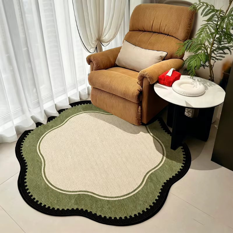 Tapis de salon rond, motif de plantes vertes irrégulières
