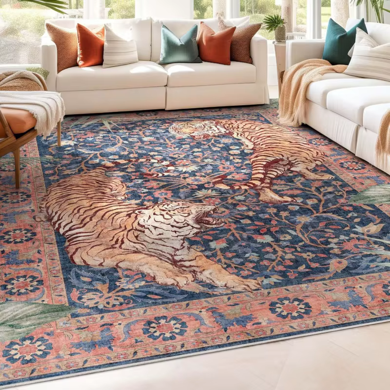 Tapis persan vintage bleu à motifs floraux et tigres