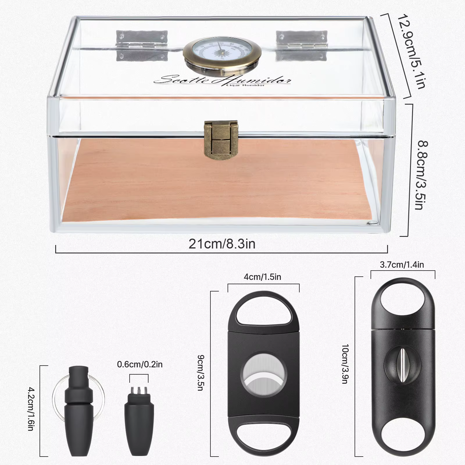 Étui à cigares Scotte en acrylique, boîte à cigares, hygromètre, humidificateur, peut contenir 20 cigares, comprend des coupe-cigares, accessoires de poinçonnage