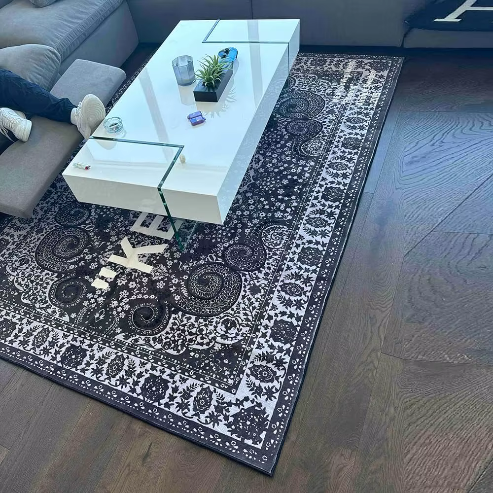Tapis Paisley inspiré de Virgil Abloh « KEEP OFF » à motif noir et blanc