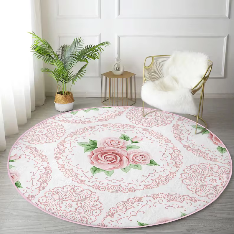 Tapis rond motif rose rouge