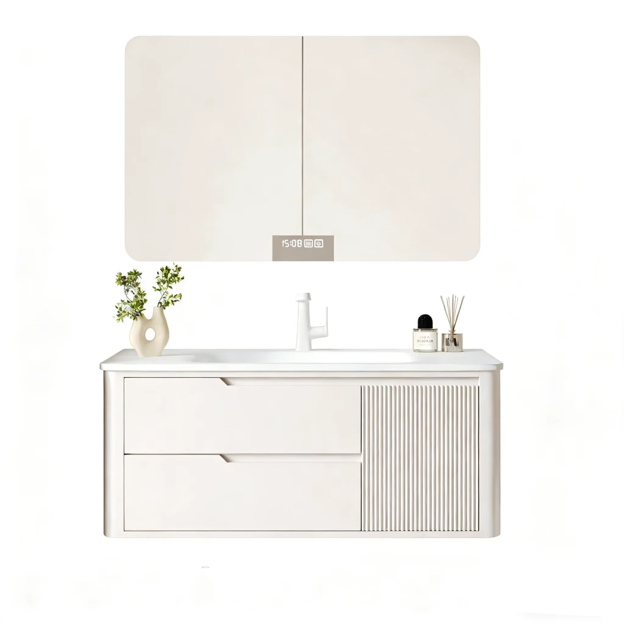 Meuble de salle de bain en Corian crème avec lavabo, miroir Feng Shui pliant en chêne, lavabo intelligent et lavabo intégré