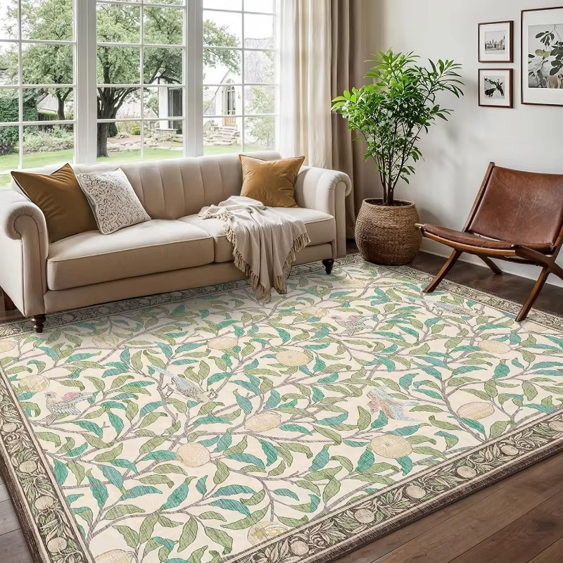 Tapis de salon bohème beige motif plante et oiseau