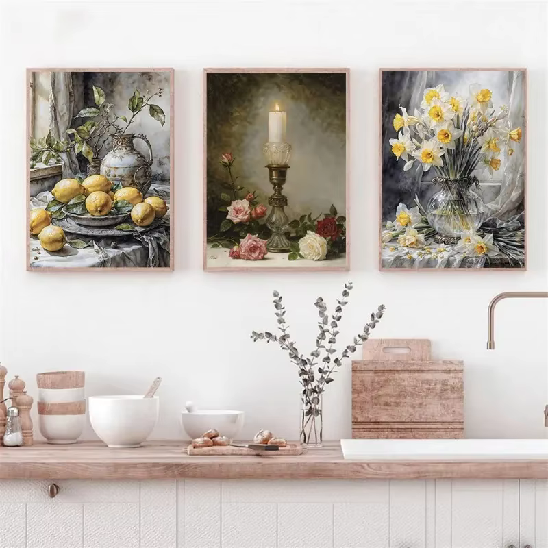Blossom Magnolia Blueberry Branch Flower Lemon Olive Tree Poster Canvas Painting Print Wall Art Still Life Kitchen Home Decor