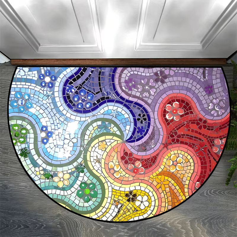 Tapis d'entrée semi-rond à motifs de carreaux vibrants