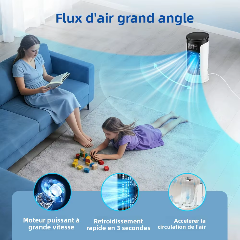 Ventilateur d'air portable 3 en 1 pour la maison, climatiseur, refroidisseur d'air à 6 vitesses, lumière LED nocturne, humidificateur, ventilateur de réglage de l'air, ventilateur pour bureau et maiso