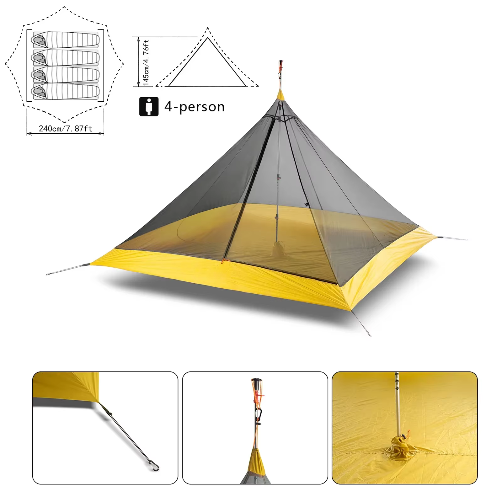 Tente de Camping ultralégère pour 2 à 4 personnes, en Nylon 40D, revêtement en Silicone, pyramide sans tige, grande tente intérieure respirante pour 3 à 4 saisons