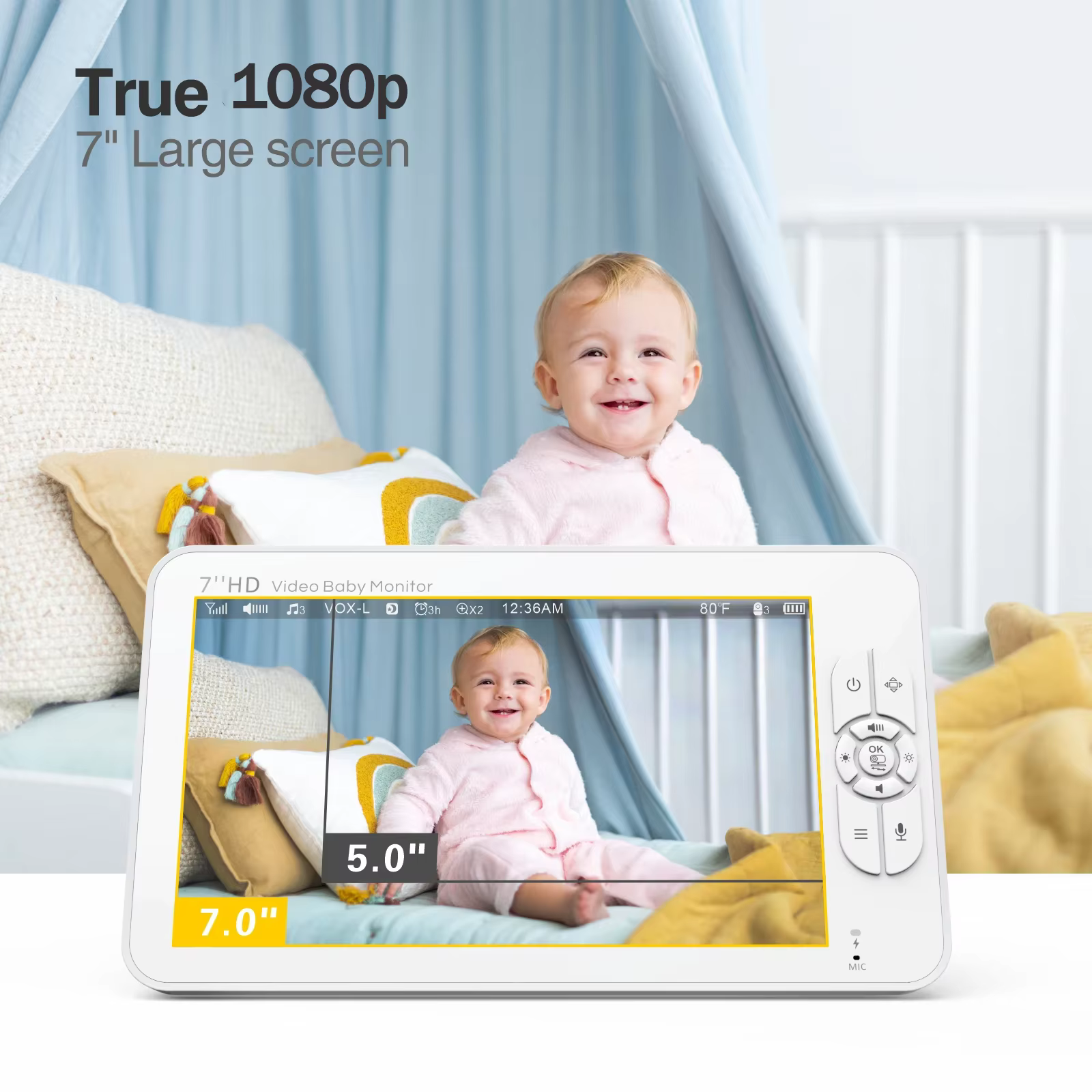 Babystar 7 "HD moniteur vidéo à écran divisé sans WiFi, moniteur de caméra pour bébé, anti-piratage, Zoom/pan/inclinaison à distance, batterie 4000 mAh