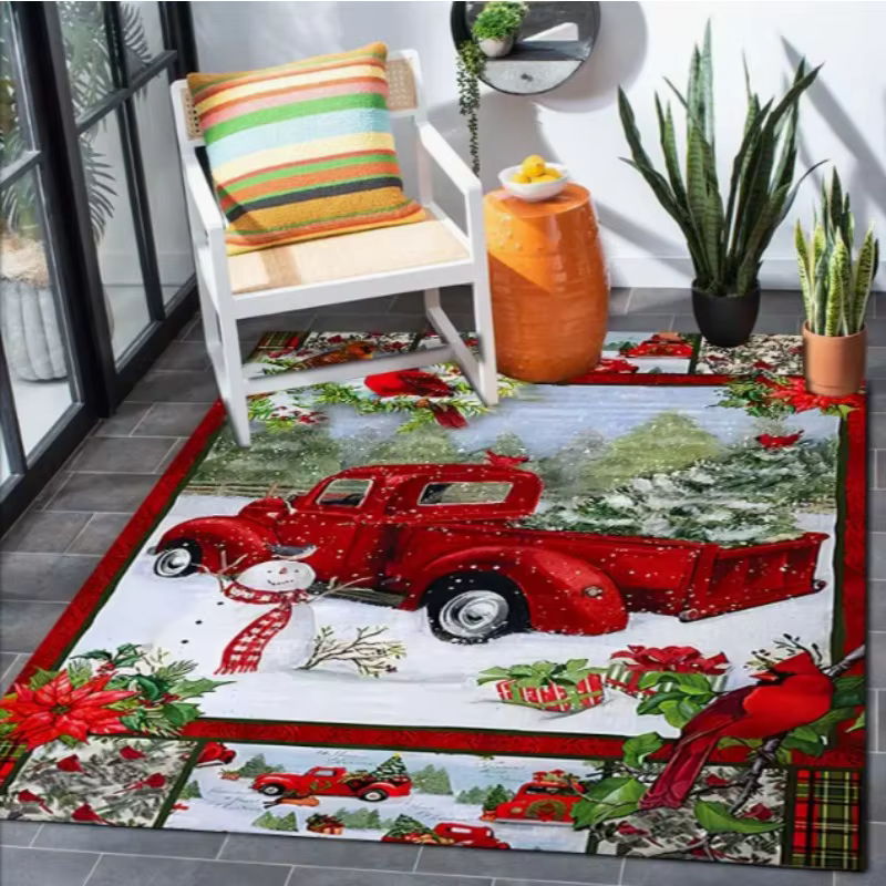 Tapis de sol de Noël rouge avec motif de camion et sapin de Noël