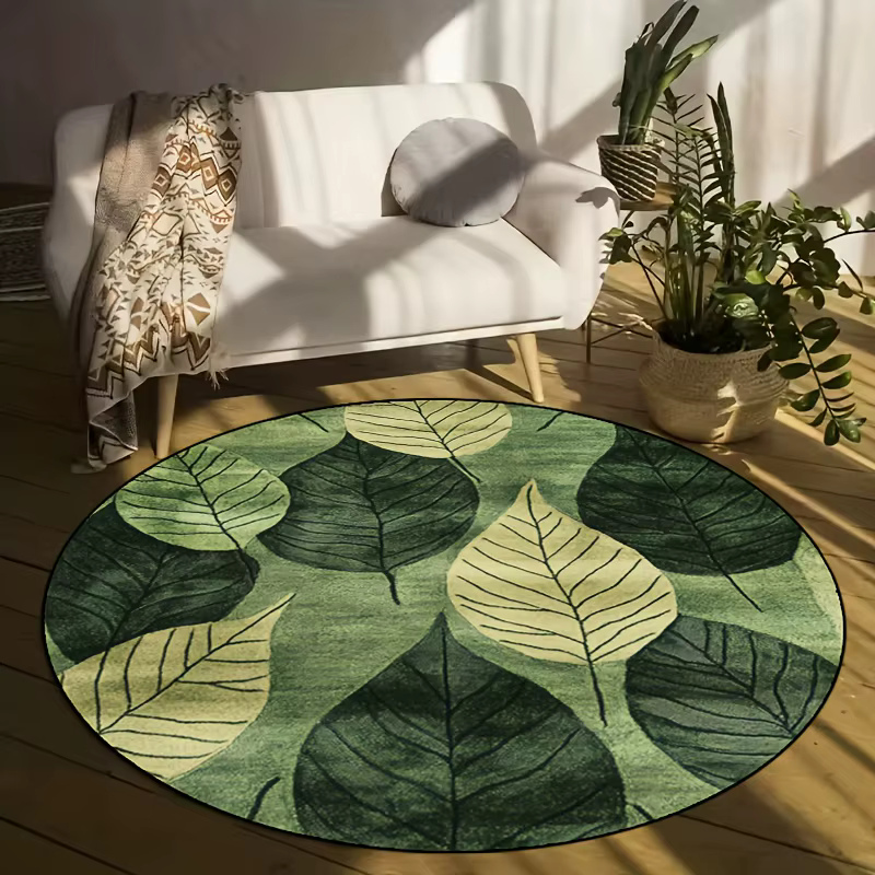 Tapis rond à feuilles vertes tropicales pour salon