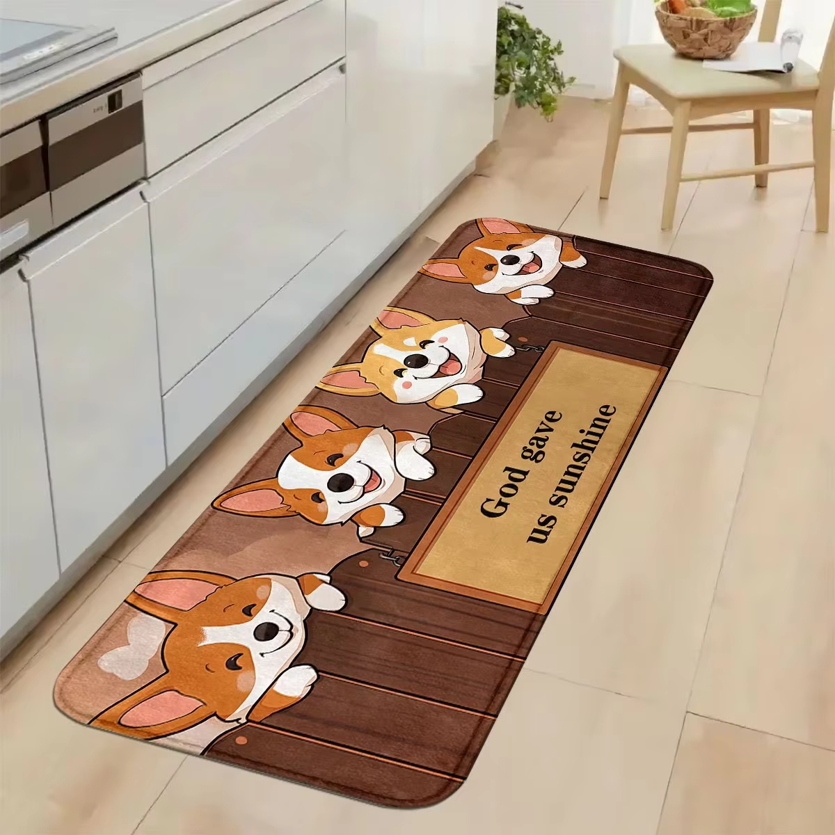Tapis de sol de cuisine en bois avec motif de chien corgi en dessin animé