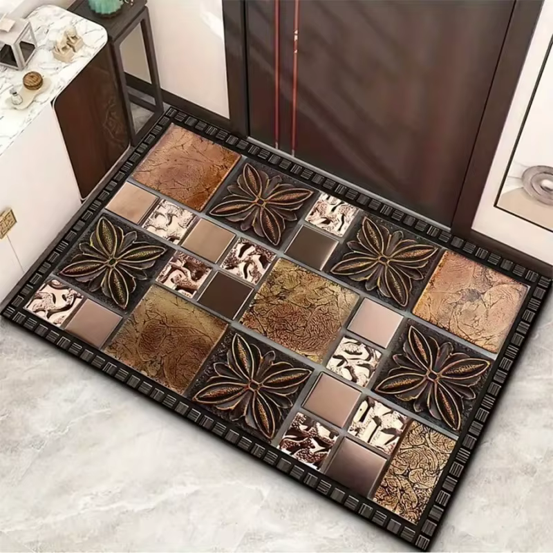 Tapis de sol en feutre beige vintage à motif de chat de dessin animé et bordure de fleurs sauvages