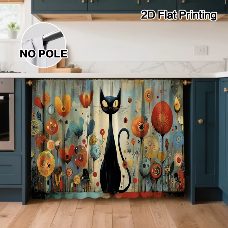 Rideaux de cuisine VIKAMA avec motifs de chats et de fleurs colorées