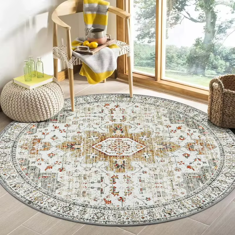 VIKAMA Tapis rond bohème vintage antidérapant et résistant à l'usure pour la décoration de la maison