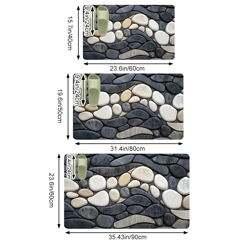 Tapis de sol en diatomite à motif galet, absorbant, antidérapant, pour cuisine, salle de bain, salon, avec support en caoutchouc 2D