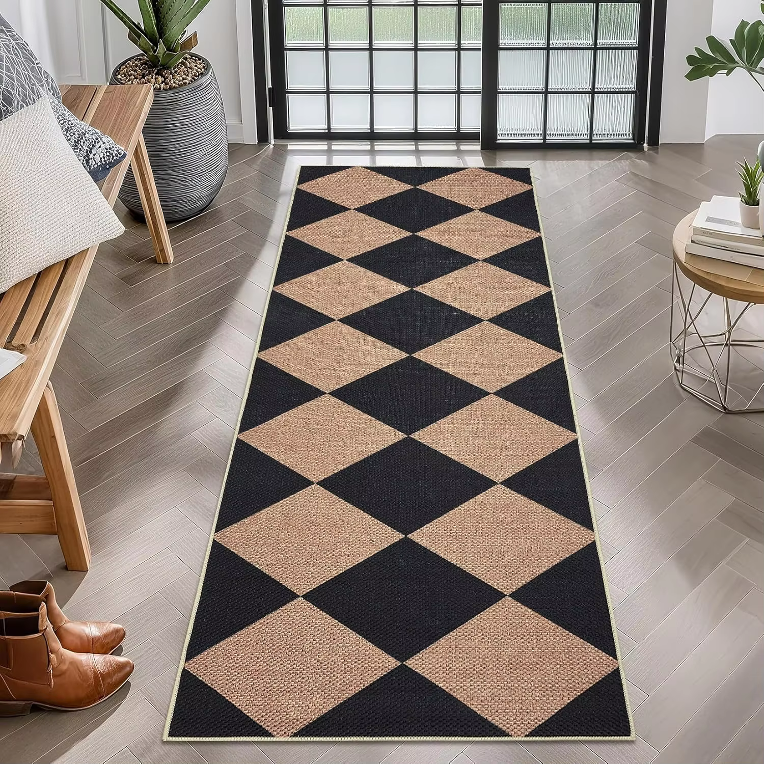 Tapis de couloir artistique à carreaux antidérapant noir et crème