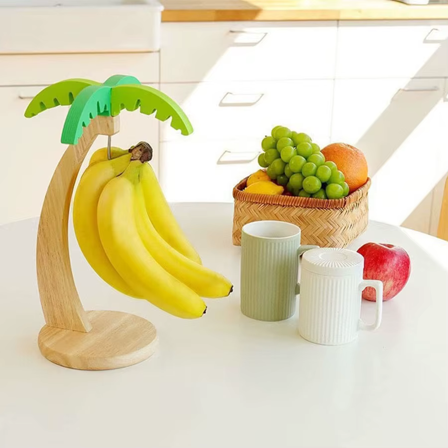Support à bananes en bois, étagère de cuisine suspendue, support de rangement vertical décoratif pour fruits avec feuilles simulées et crochets, décoration de cuisine
