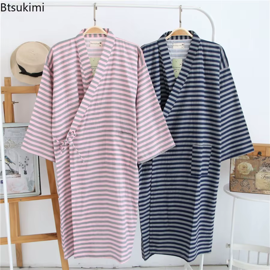 Peignoir de Couple en gaze de coton pur, chemise de nuit, Kimono Yukata, pyjama pour femmes et hommes, Cardigan rayé, vêtements de nuit, vêtements de maison