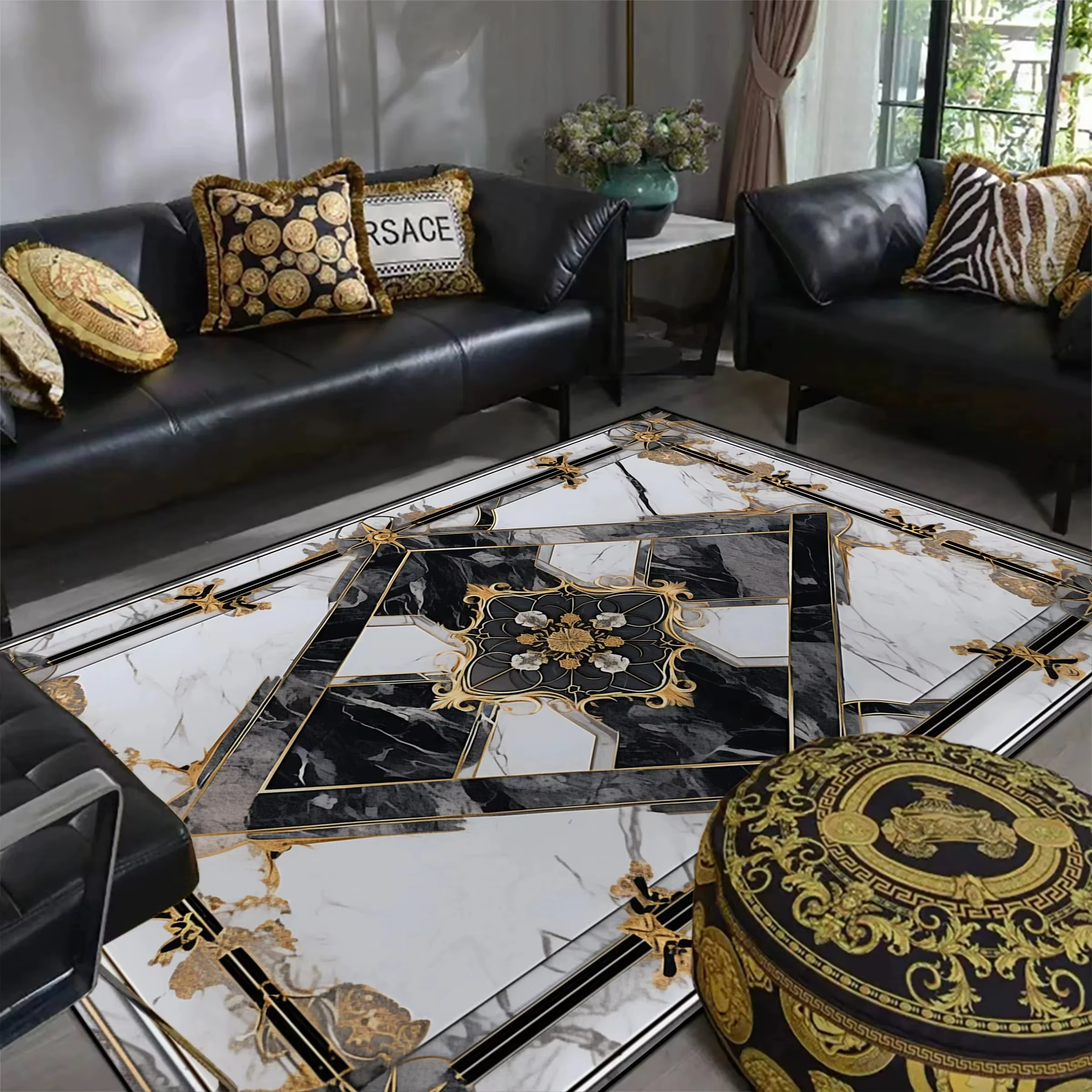 Tapis de luxe en marbre noir et or